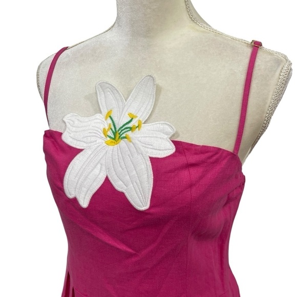 Fanm Mon LORR LINEN LATRICE DRESS Fuchsia Flower Embroidered Pleats Pockets $389 - Picture 6 of 16